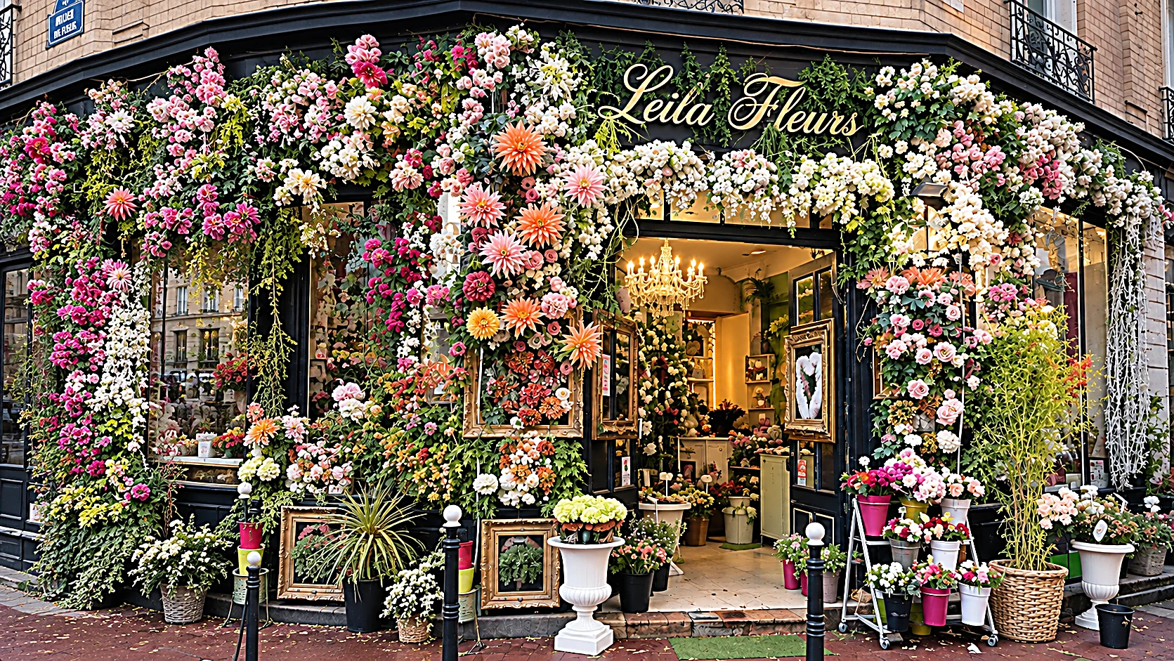 Devanture fleurie de la boutique Leïla Fleurs à Clichy